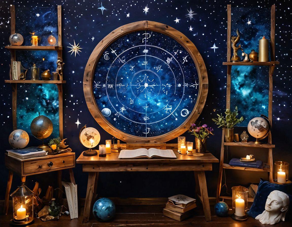 A celestial workshop filled with astrological tools like charts, star maps, and crystals, set against a backdrop of a starry night sky. Include a glowing globe highlighting different constellations and a cozy reading nook with tarot cards spread out. The ambiance should evoke a sense of spirituality and creativity, inviting viewers to explore both blogging and astrology. super-realistic. vibrant colors. cosmic theme.