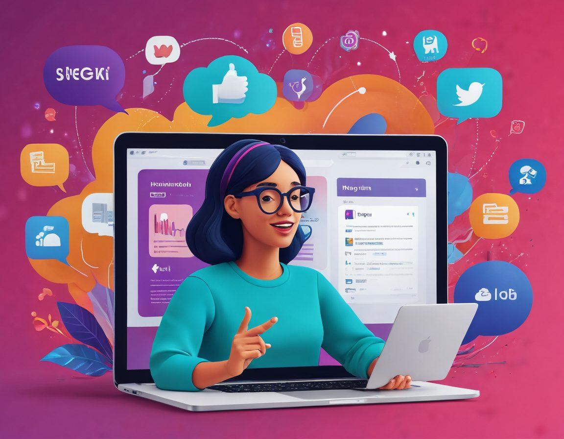 A dynamic split-screen illustration showcasing a digital storyteller crafting narratives on one side with a laptop, engaging animations and graphics, and on the other side, an audience captivated by the story on various devices. Include elements like social media icons, vibrant speech bubbles, and flowing creative ideas. The overall mood should reflect modernity and engagement. vibrant colors. 3D. digital art.